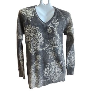 Monte Carlo Boho-glam Knit Gray & White Paisley Sparkly Chic V-Neck Sweater 38